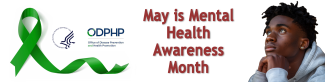 Banner with green ribbon and Black man and slogan May is Mental Health Awareness Month