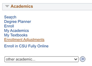 screenshot: Enrollment Adjustments link is under Academics section
