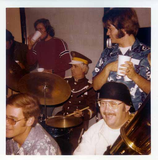 Larry Curtis in uniform behind the drum kit with students of the Big Brown Music Machine in the early 1970s.