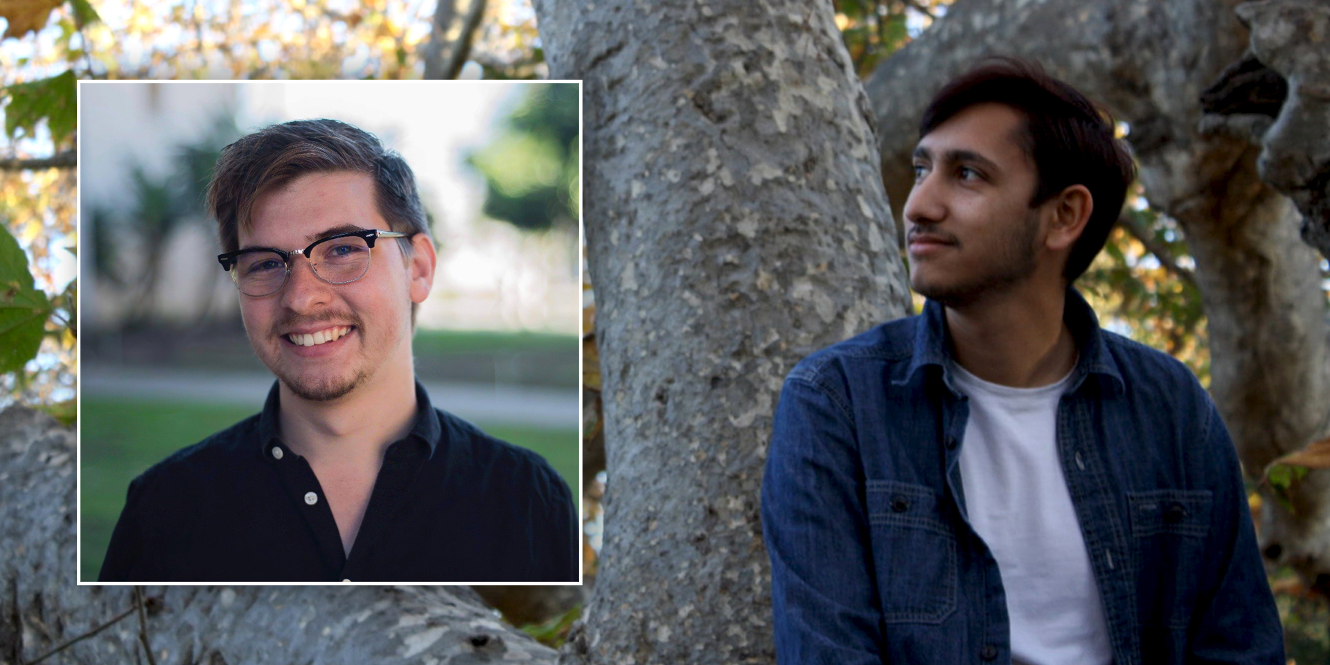 Portraits of Kyle Myers and Tristan Perez in nature.