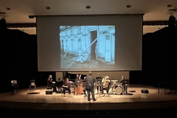Students performing a live film score.