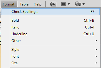 The spellcheck function is located within the Format menu in Adobe Contribute.