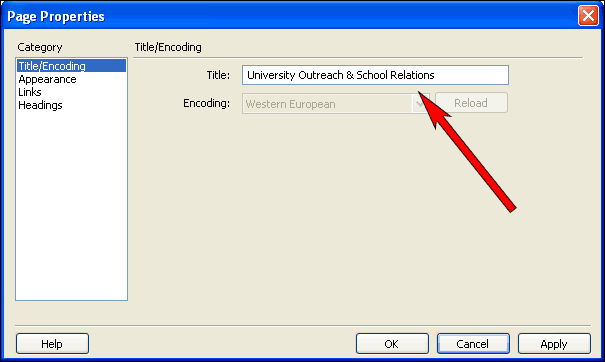 Enter the title in Page Properties dialog box.