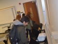 students leaving presentation